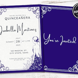 Royal Blue Quinceanera Invitation Party, Princess Dress Tiara, Glitter Background, Editable Template, 15th Birthday Invite, Instant Download