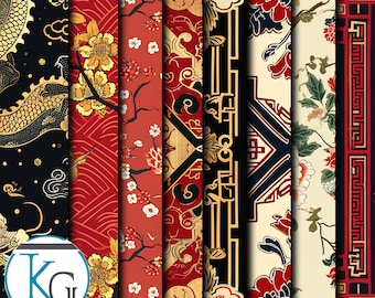 Chinese Designs Theme, Seamless, Tileable, Set 1, Format JPG 2K Resolution, 8 Patterns.