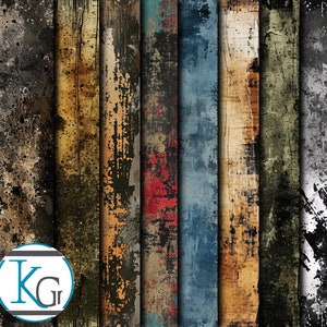 Könnte beinhalten: Ein Set mit 8 digitalen Papiertexturen mit abgenutzten Holzmaserungen in verschiedenen Farben, darunter Schwarz, Braun, Gelb, Blau und Rot.