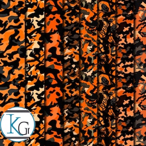 Puede incluir: Un conjunto de 10 patrones de papel digital con un diseño de camuflaje en tonos naranja, negro y marrón.