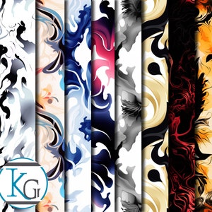 May include: A set of six digital seamless patterns featuring abstract swirling designs in various colors, including black, white, blue, red, and yellow.