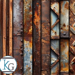 Może przedstawiać: Zbliżenie na kolekcję zardzewiałych metalowych paneli o różnych fakturach i wzorach. Panele są ułożone pionowo i wykazują oznaki zużycia, w tym rdzy, zadrapań i wgnieceń.