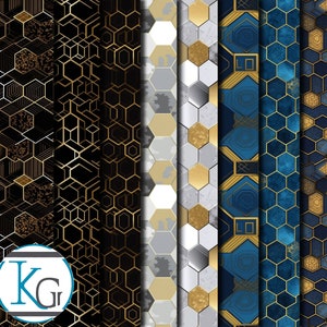 Puede incluir: Un conjunto de seis patrones de papel digital con diseños hexagonales geométricos en varios colores, incluyendo oro, negro, blanco y azul.