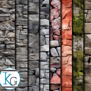 May include: A collage of different stone wall textures. The textures include a variety of colors and shapes, including gray, brown, red, and green. The stones are arranged in a random pattern, creating a unique and interesting visual.