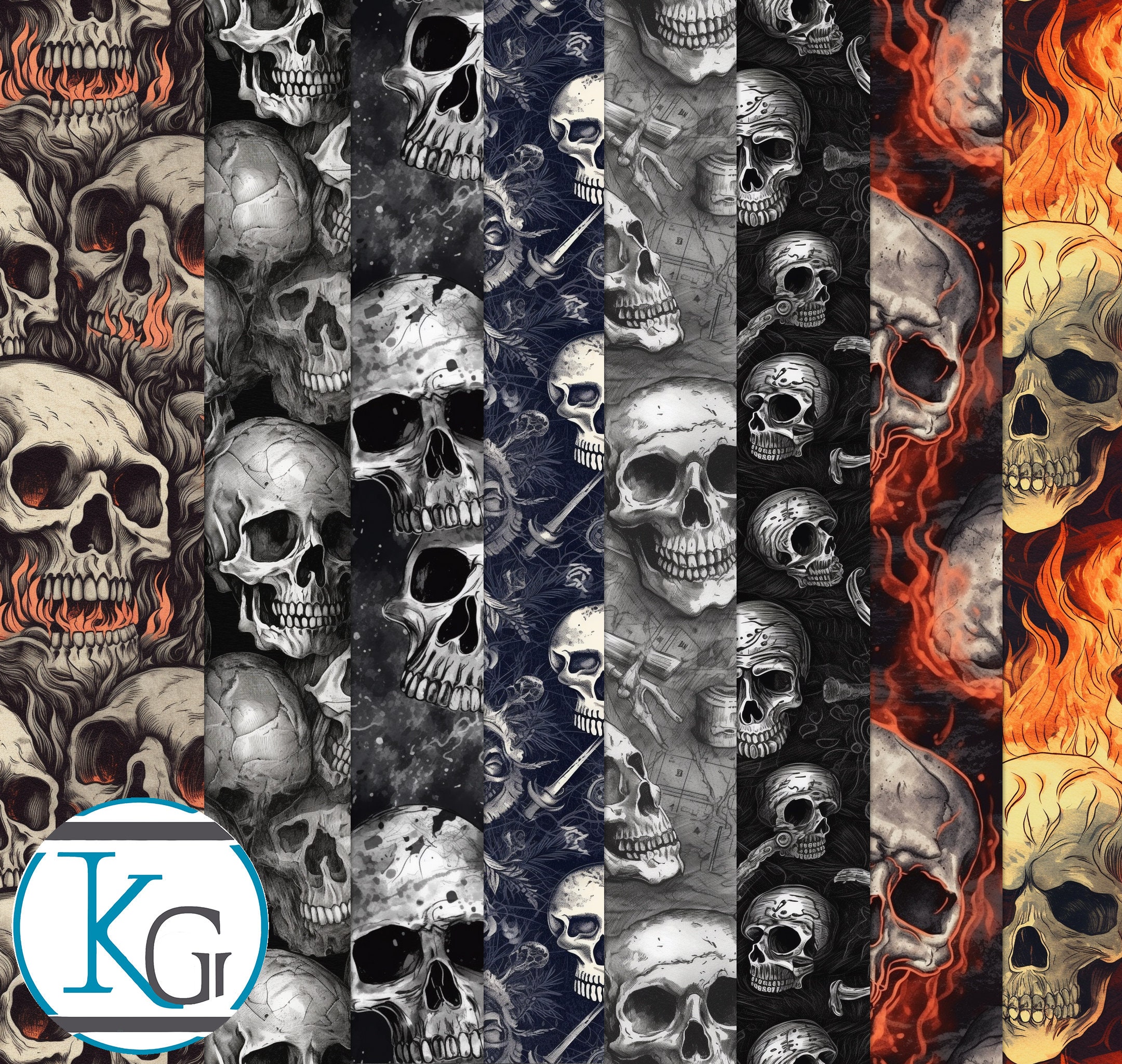 Skull Pattern Designs, Seamless, Tileable, Set 1, Format JPG 2K Resolution, 8 Patterns.