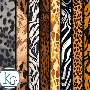 Könnte beinhalten: Eine digitale Collage aus sieben verschiedenen Tiermuster. Die Muster umfassen Leopard, Gepard, Zebra, Tiger, Giraffe und zwei Variationen von Leopardenmuster.