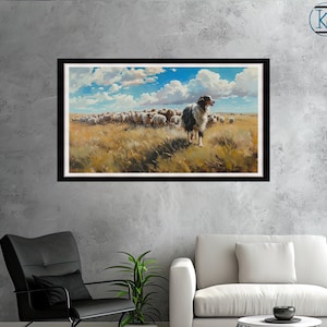 Digital Painting, Landscape, Boarder Collie Herding Sheep, Wall Art, Printable, Digital Download, Digital Art, 5k