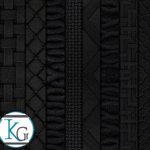 May include: A collection of eight vertical black strips featuring diverse textures and patterns, including woven grids, diamond shapes, horizontal ridges, chevron lines, geometric Greek key motifs, and a hexagonal honeycomb mesh design.