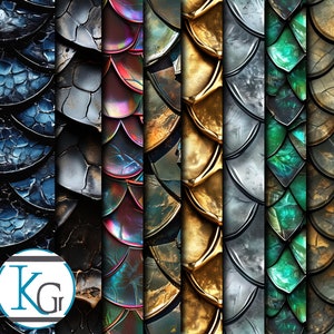 Puede incluir: Un collage digital de siete escamas con diferentes patrones, cada una con un color y una textura únicos. Las escamas están dispuestas verticalmente, siendo la primera de color azul oscuro, la segunda gris oscuro, la tercera púrpura iridiscente, la cuarta dorada, la quinta plateada, la sexta verde y la séptima marrón.