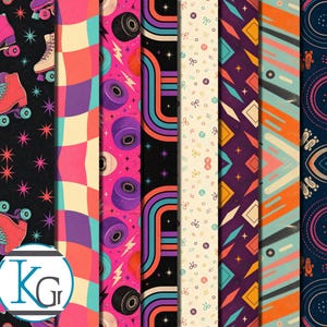 May include: A collection of eight vertical fabric strips featuring diverse patterns including roller skates on black, wavy pink and orange stripes, purple wheels with lightning bolts, rainbow lines, small bows, geometric shapes, and abstract lines.