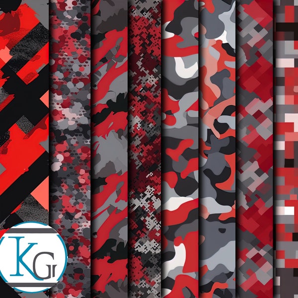 Red Camo Designs, Seamless, Tileable, Format JPG 2K Resolution, 8 Patterns.