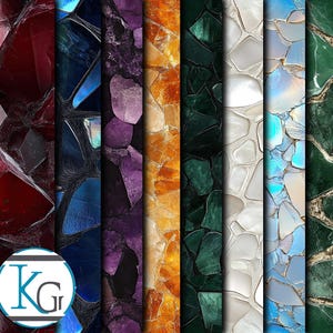 Puede incluir: Un collage de siete tipos diferentes de azulejos de mosaico de piedras preciosas. Los azulejos están dispuestos en tiras verticales, cada una con un color y un patrón únicos. Los colores incluyen rojo oscuro, azul oscuro, morado, naranja, verde, blanco y azul claro.