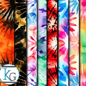 Puede incluir: Un conjunto de 8 diseños de papel digital con patrones tie-dye en varios colores, incluyendo naranja, negro, azul, morado, verde, rojo, rosa y amarillo. Los diseños son perfectos para crear fondos, scrapbooking y otros proyectos de manualidades.