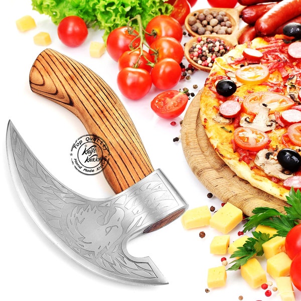 Handmade Viking Pizza Cutter with Ash wood Handle - Sharp Carbon Steel Axe Blade -Kitchen Knife with Leather Sheath - Gift for Pizza Lovers