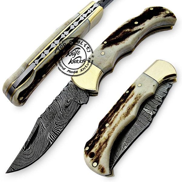 Stag Horn 6.5'' Handmade Damascus Steel Folding Pocket Knife 100% Prime Quality
