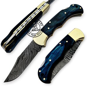 Blue Wood 6.5&#39;&#39; Handmade Damascus Steel Folding Pocket Knife 100% Prime Quality