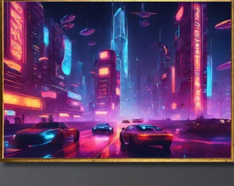Cyberpunk Night City Canvas Art: Neon Futuristic Car Skyline