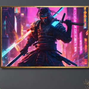 Cyberpunk Night City - Samurai Canvas Painting Art Modern Wall Decor, High Quality Printing and Materials, Ready to Hang,,