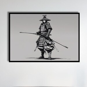 Schizzo di Samurai minimalista - Stampa artistica di disegno di guerriero giapponese su tela, decorazione moderna da parete, stampa di alta qualità, pronta da appendere