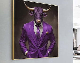 Canvas muurkunst stierenportret – Abstract schilderij stier paars pak – Modern kantoor- en interieur