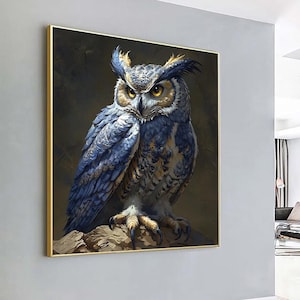 Owl Canvas Painting, Blue Owl Portrait | Modern Owl Painting | Bird Art | Rustic Owl Painting | Framed Owl Poster | Minimalist Wall Art