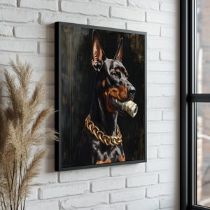 Doberman With Money In His Mouth Canvas – Cool Dog Wall Art – Ready to Hang