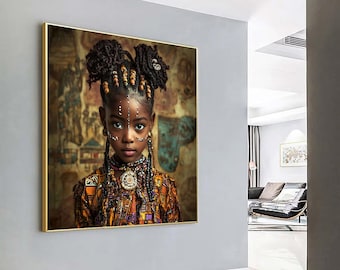 Peut inclure: Une jeune fille aux cheveux bruns foncés coiffés de perles et de tresses porte une robe à motifs colorés et des bijoux. Elle a les yeux noirs et porte du maquillage. L'arrière-plan est un mur texturé avec un motif délavé.