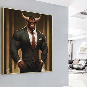 Stierenkunst muurdecoratie | Zakelijke stierenschilderij in pak | Portret van een stier | Abstracte stier canvasprint, kantoor, woondecoratie | Wall Street Bull-kunst
