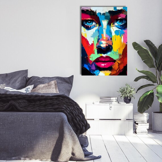 モダン女性の肖像画アート：カラフルなキャンバスの壁装飾 - Etsy 日本