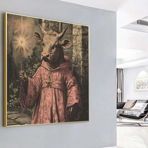 Cow Canvas Wall Decor | A Wizard-Dressed Cow With a Wand Portrait | Modern Cow Painting, Cow wall Art, Cow Canvas Print, Minimalist Wall Art