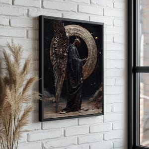 Black Angel Portrait Canvas, Peaceful Angel Man Canvas Print, Holy Guardian Angel Painting, Elegant Religious Wall Decor,,