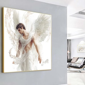 White Angel Portrait Canvas, Peaceful Angel Man Art, Holy Guardian Angel Oil Painting Style, Elegant Religious Wall Decor,
