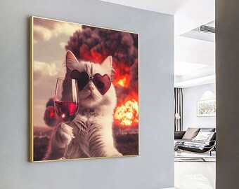 Cat Canvas Art: White Cat with Wine, Funny Animal Portrait