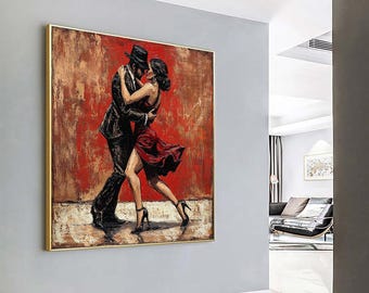 Tango Dance Canvas Art: Romantic Couple Painting, Red Dress Decor