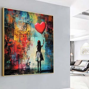 Banksy Graffiti Canvas | Banksy Girl Holding Heart Balloon | Modern Wall Art & Minimalist Decor | Graffiti Art Poster for Unique Home Design