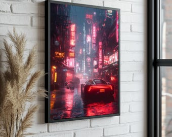 Cyberpunk City Canvas Print: Neon Car, Modern Wall Art