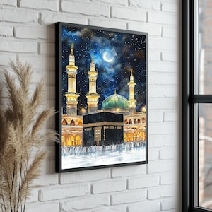 Kaaba at Night Islamic Canvas – Mecca Holy Mosque Wall Art – Spiritual Muslim Home Decor