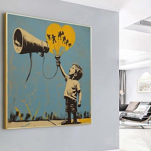 Banksy Graffiti Canvas | Banksy Boy Holding Yellow Balloon | Modern Wall Art & Minimalist Decor | Graffiti Art Poster for Unique Home Design