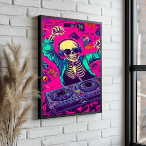 Skull Pop Art Canvas Decor | Colorful DJ Skeleton Graffiti Pop Art Print | Modern Wall Art & Minimalist Decor | Graffiti Art Poster