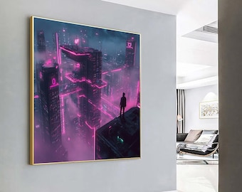Cyberpunk City Canvas Print: Neon Skyscraper Wall Art