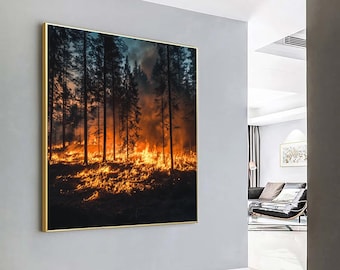 日食の火　アクリル画 森林火災のアートプリント：山火事のアクリル画（デジタルダウンロード