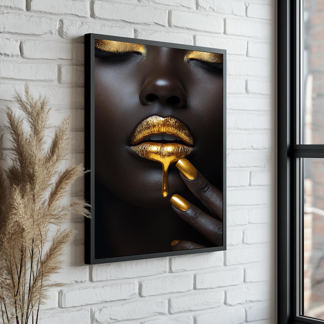 Black Woman Gold Lips, Golden Lips Wall Art Portrait, Black Woman ...