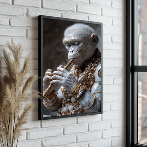 Affe Leinwanddruck | Albino Affe Spielend Flöte Portrait | Affenmalerei, modernes Surrealismus, Affenkostüm, Affenposter