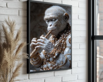 Albino Monkey Flute Portrait: Surreal Animal Art Canvas Print