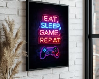 Gamer Wall Art – Eat Sleep Game Repeat Canvas – Gaming Room Decor for Boys & Teens