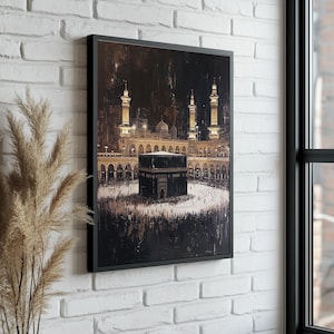 Lienzo abstracto nocturno de la Kaaba – Arte mural islámico en la Meca – Decoración espiritual musulmana para el hogar
