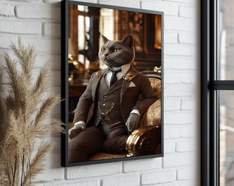 British Shorthair Cat in Suit Canvas Art: Modern Animal Portrait
