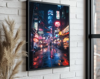 Cyberpunk Cityscape Canvas Print: Neon Night Street Art