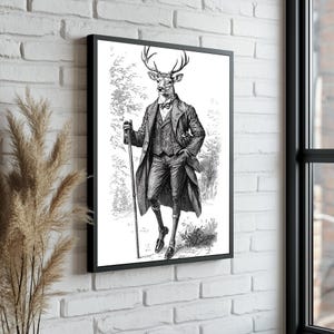 Deer Canvas Art Decor | Deer With a Cane in a Suit Portrait, Modern Deer Painting, Deer Wall Art, Black & White Decor, Minimalist Wall Decor