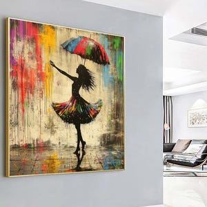 Banksy Graffiti Canvas | Banksy Woman Dancing in the Rain | Modern Wall Art & Minimalist Decor | Graffiti Art Poster for Unique Home Design